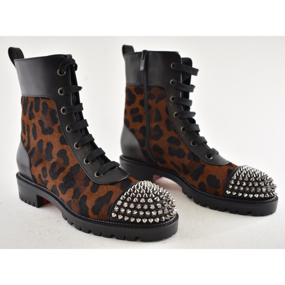 Christian Louboutin TS Croc Flat Black Leopard Pony Spike Combat Ankle Boot 36.5 - Picture 4 of 15